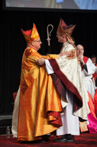 Bishop Shaw and Bishop Gates as the new bishop receives the crozier 